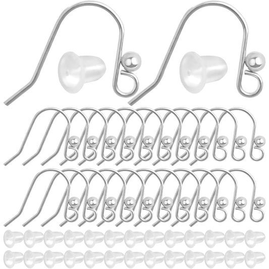 50pcs Stainless Steel French Earring Hooks Hypo-allergenic Ear Wires Ball Fish Hooks with 50pcs Clear Bullet Earring Backs for DIY Dangle Earrings Jewelry Making