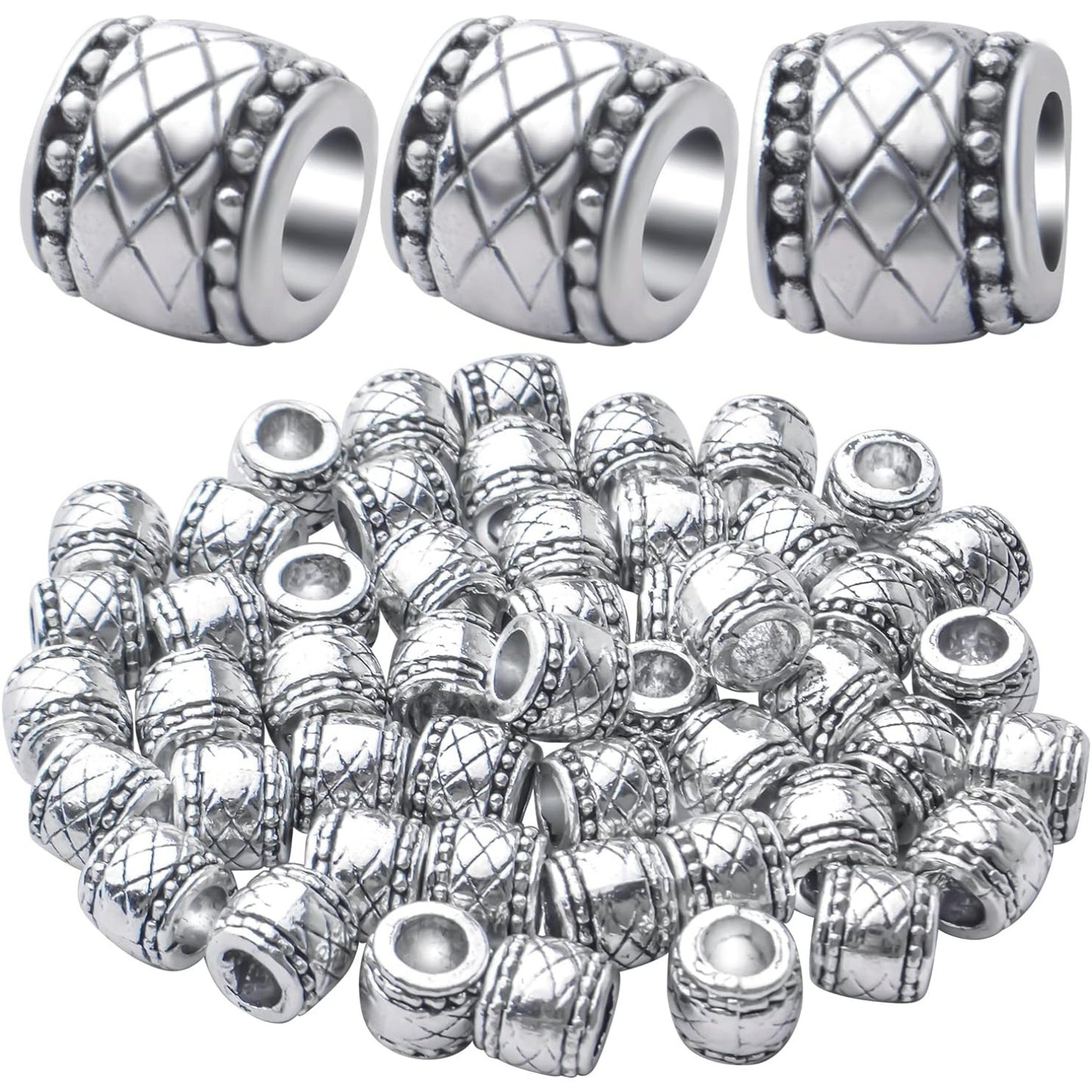 50pcs Antique Silver Plated Large Hole Bead Spacers Alloy Tibetan Barrel Spacer Beads Column Tube Beads Charm Beads for Jewelry Making DIY Bracelet Necklace,Hole: 4.7mm