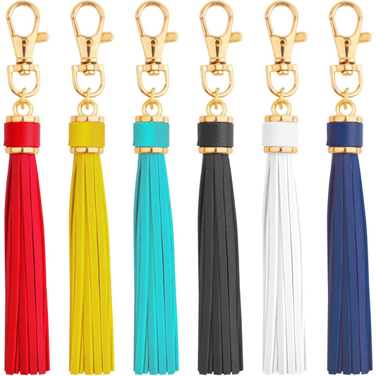 6pcs Colorful PU Leather Tassel KeyChains With Swivel Lobster Clasp Metal Tassel Key Chains Charm Handmade Accessories for Women Handbag Purse Phone Car Jewelry Making