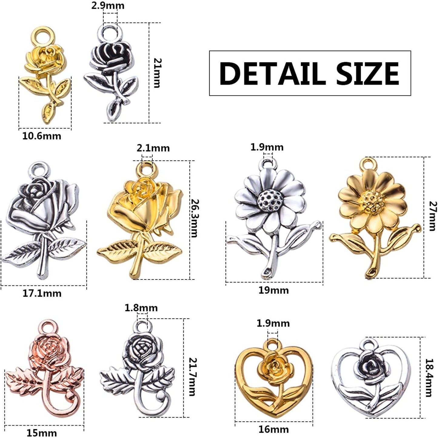 50pcs Flower Charms Pendants Alloy Sunflower Charms Rose Pendants Flower Bead Charm Craft Supplies for DIY Earrings Necklace Bracelet Jewelry Making Accessories, 5 Styles