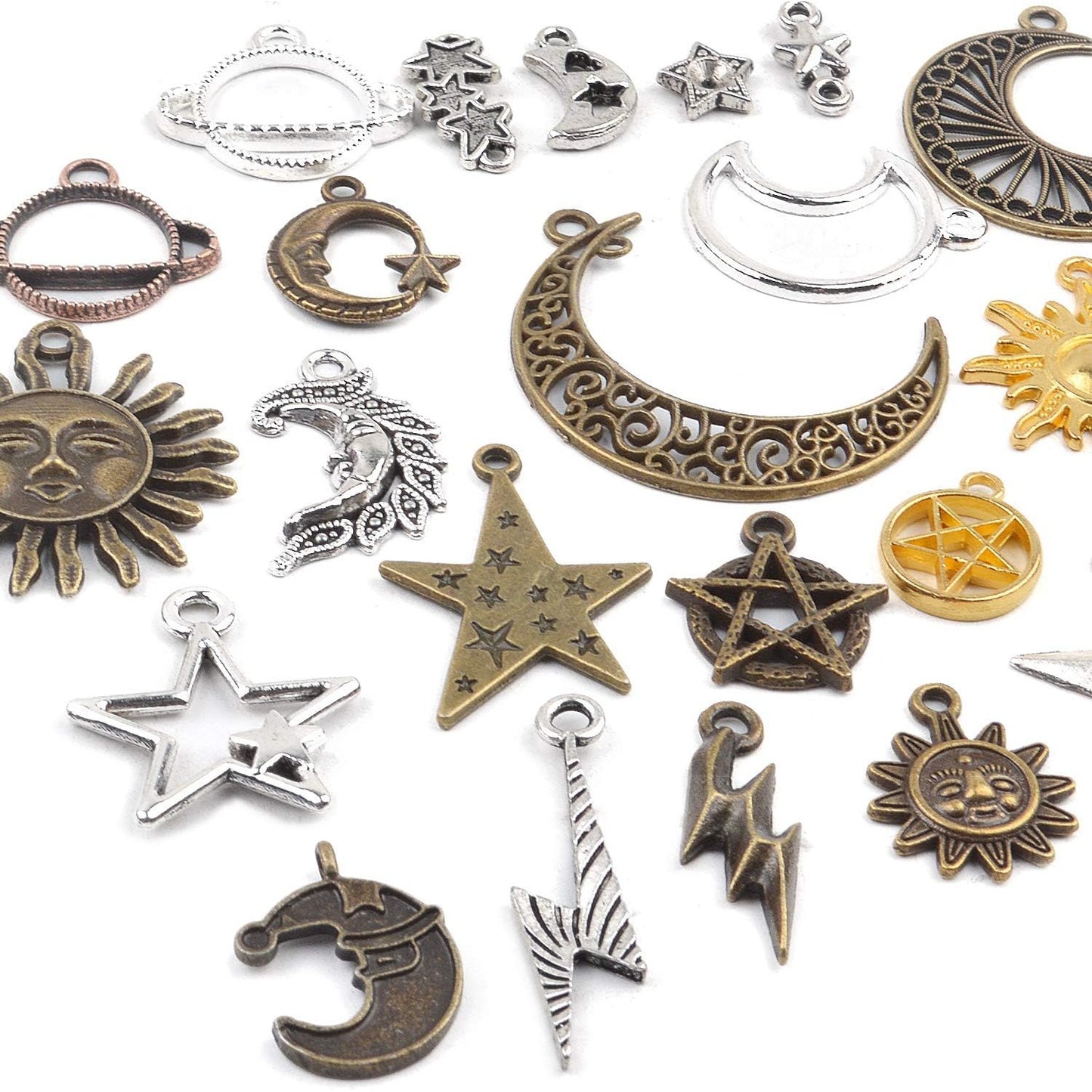 Celestial Charms,100 Gram(About 80-90 Pieces) Mixed Sun Moon Star Charms Antique Alloy Pendants for Jewelry Making and Crafting