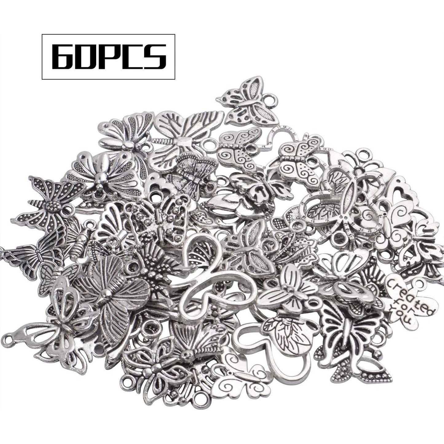 60pcs Silver Butterfly Charms Tibetan Butterfly Shape Alloy Pendants Insect Charms for DIY Necklace Bracelet Earrings Jewelry Making
