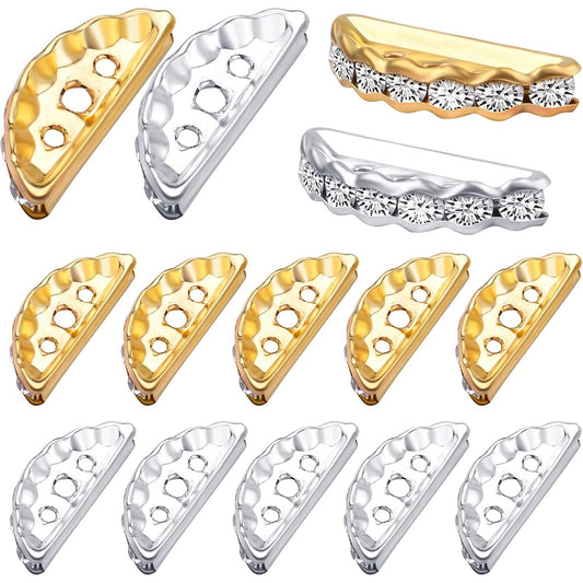 100pcs Rhinestone Spacer Bar Beads 3 Holes Alloy Half Round Crystal Spacers Link Connectors Beads for DIY Multi Strand Bracelet Crafts Jewelry Making, Gold and Silver, 19 mm x 7.5 mm