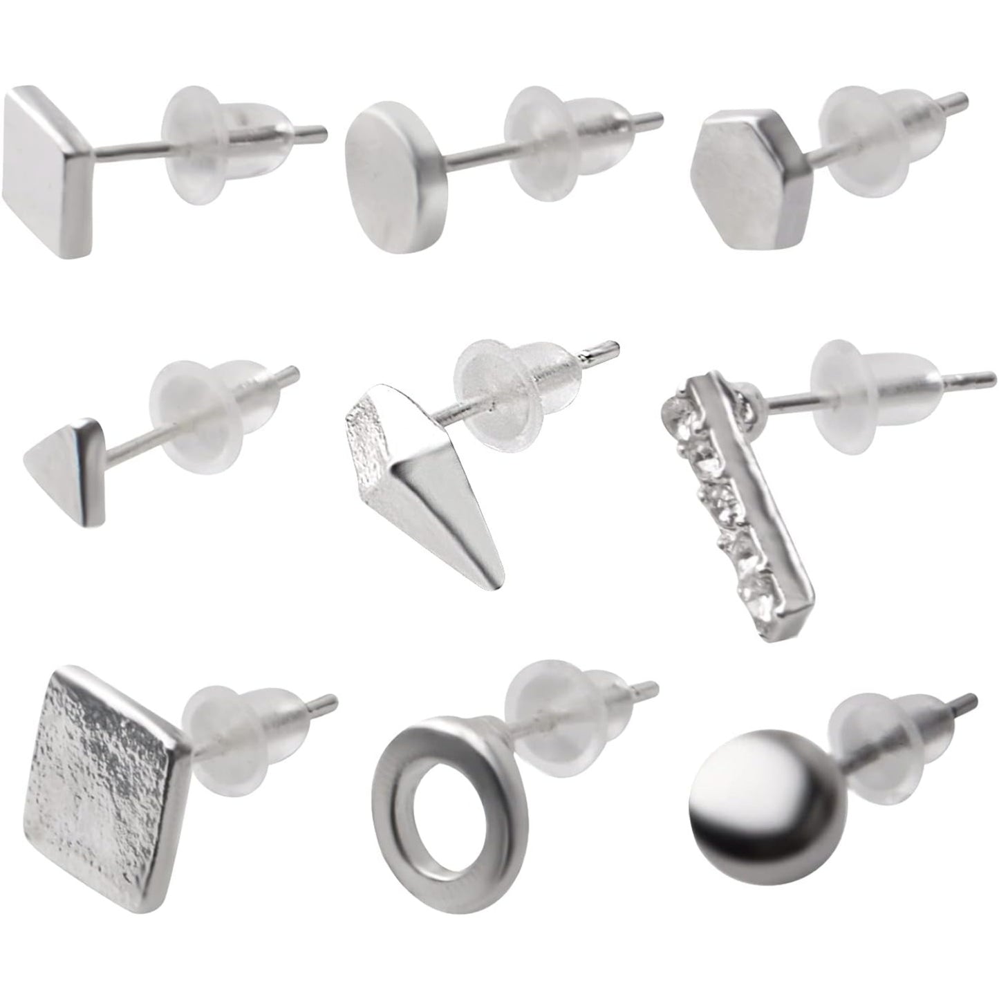 18 Pairs Stainless Steel Earring Post Studs,Earrings Studs Set Geometric Round Cone Ball Earring Pin Studs with Clear Bullet Earring Backs for Earring Making,9 Styles