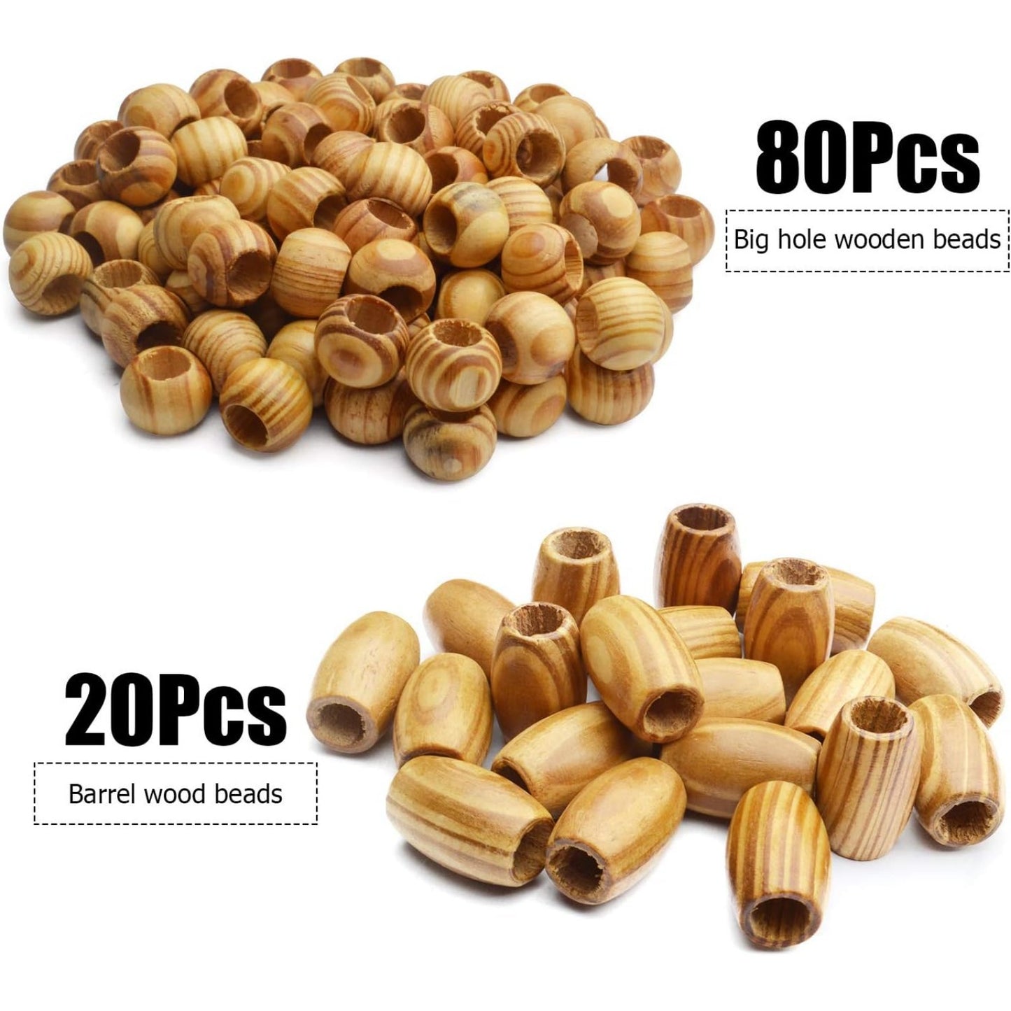 Natural Wooden Beads, 100Pcs Large Wooden Spacer Beads Unfinished Tube Beads with Grain for Bracelet Pendants Crafts DIY Jewelry Making, Hole 10mm