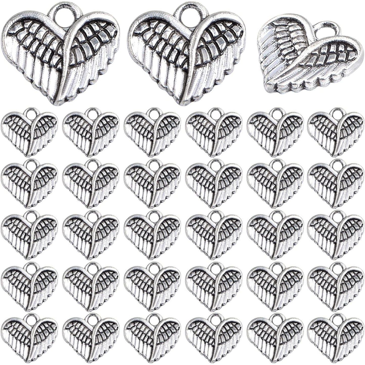 100pcs Antique Silver Angel Wings Feathers Charms Vintage Alloy Heart Shape Angel Wing Dangle Pendants for DIY Bracelet Necklace Jewelry Making Supplies Gifts