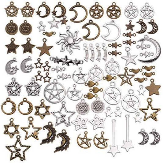 100pcs Mixed Sun Moon Star Charms Antique Alloy Celestial Charms Pentagram Pendants for Bracelets Necklaces Crafts