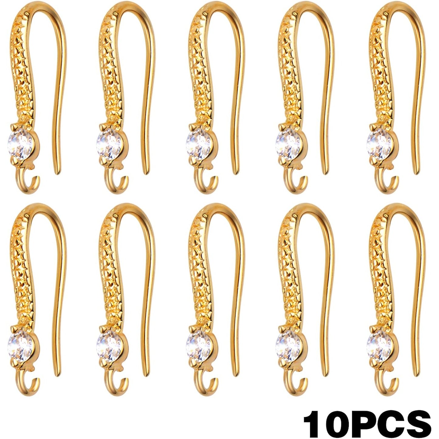 10pcs Gold Plated Brass Cubic Zirconia Earring Hooks French Fish Hooks Ear Wires with Loops Dangle Earrings Connectors for DIY Jewelry Crafts Making Party Festival Christmas Favor