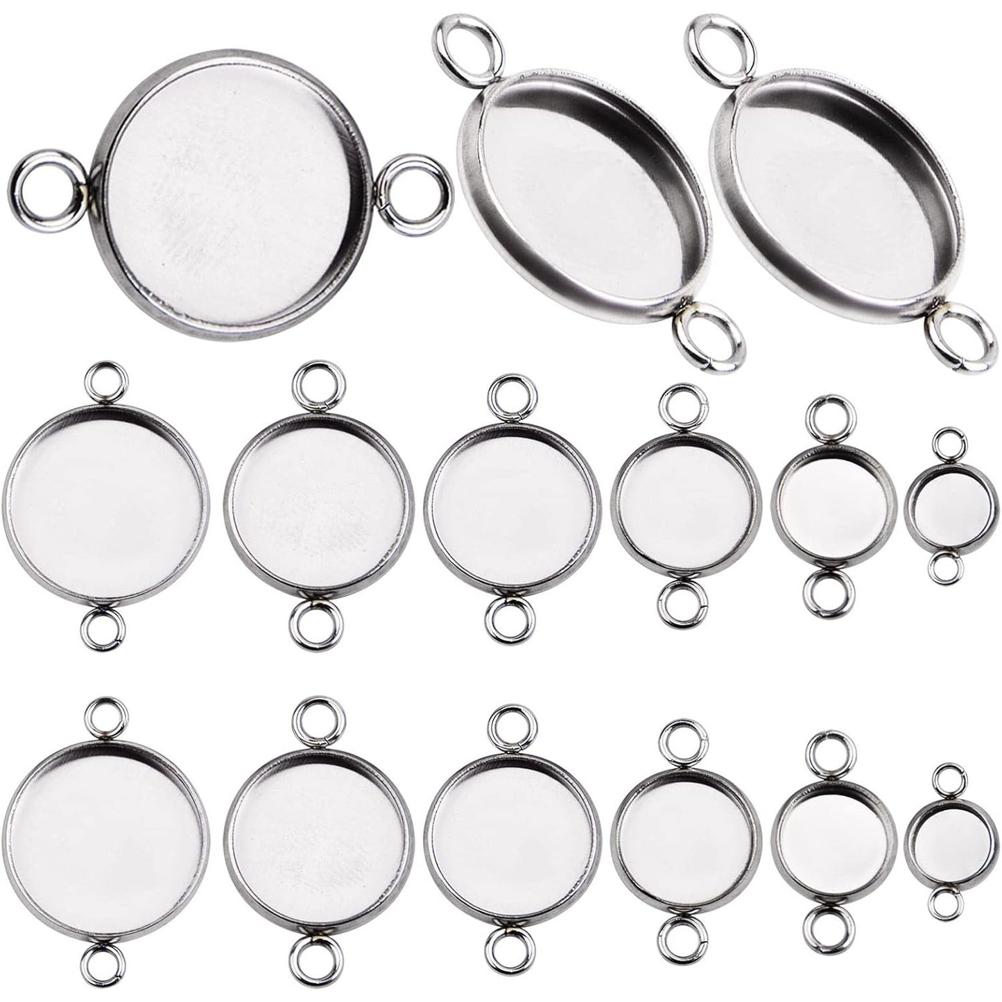 24pcs Stainless Steel Round Blank Bezel Pendant Cabochon Connectors Stud Earring Pendant Trays Blanks Links for DIY Jewelry Making Photo Resin Art Crafts, 6 Sizes