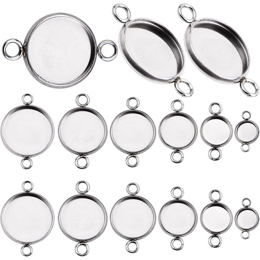 24pcs Stainless Steel Round Blank Bezel Pendant Cabochon Connectors Stud Earring Pendant Trays Blanks Links for DIY Jewelry Making Photo Resin Art Crafts, 6 Sizes
