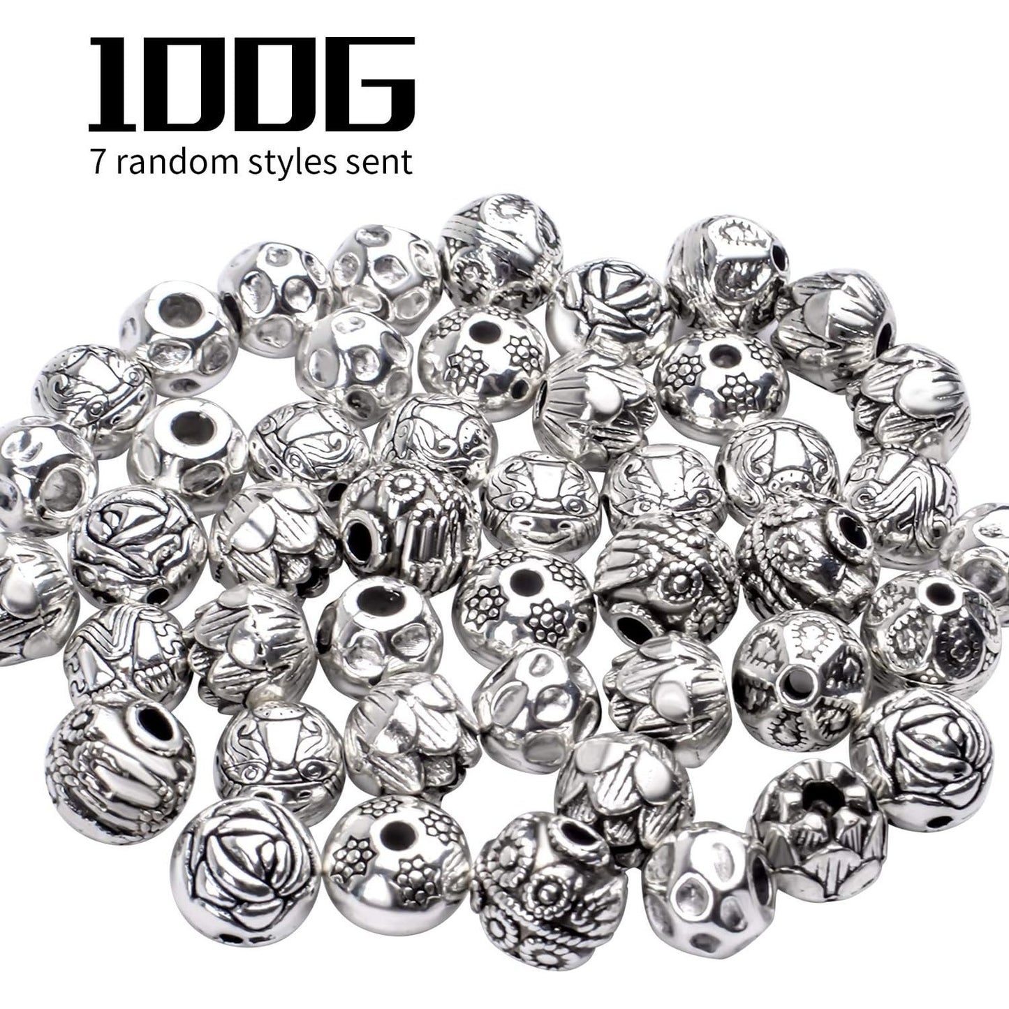 100g (About 40-60pcs) Antique Silver Spacer Beads Small Round Tibetan Loose Beads for Bracelet Necklace Jewelry Making,8-12mm