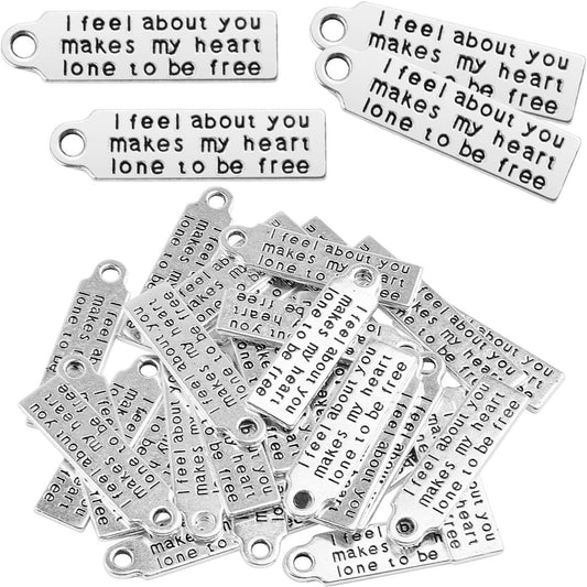 Word Charms Collection,30pcs Antique Silver Message Pendants Inspirational Lettering charms for Jewelry Making Decoration Crafting,30 x 8mm (i feel about you makes my heart lone to be free)