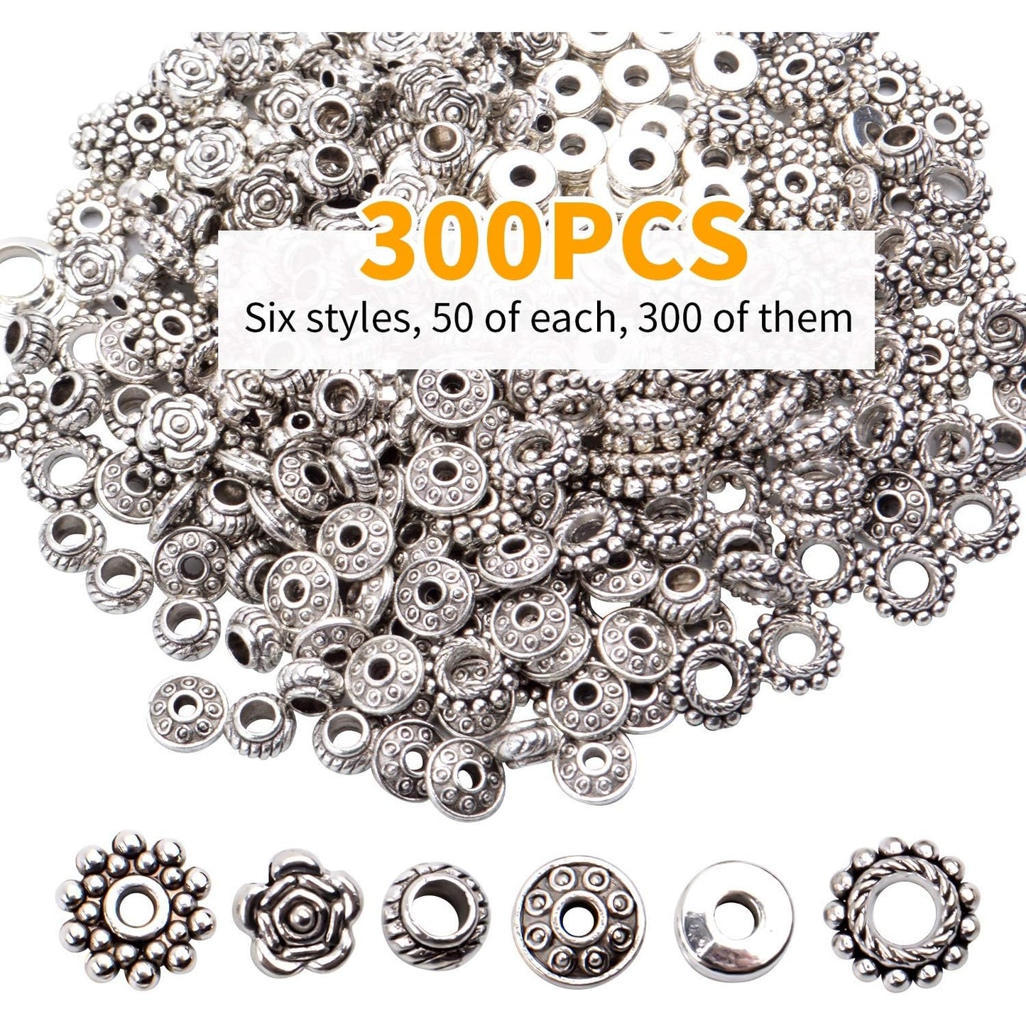 300 Pieces Alloy Antique Silver Spacer Beads Tibetan Metal Loose Beads Jewelry Findings Accessories DIY for Bracelet Necklace Jewelry Making, 6 Styles