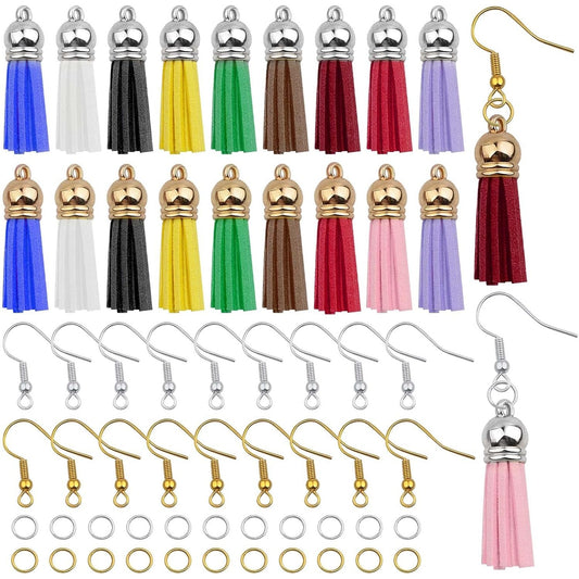 40pcs Suede Leather Tassel Charms Decorations and 40pcs French Earring Hooks with 100pcs Open Jump Rings for Earrings Key Chains Cellphone Straps DIY Craft Projects, Mixed Colors