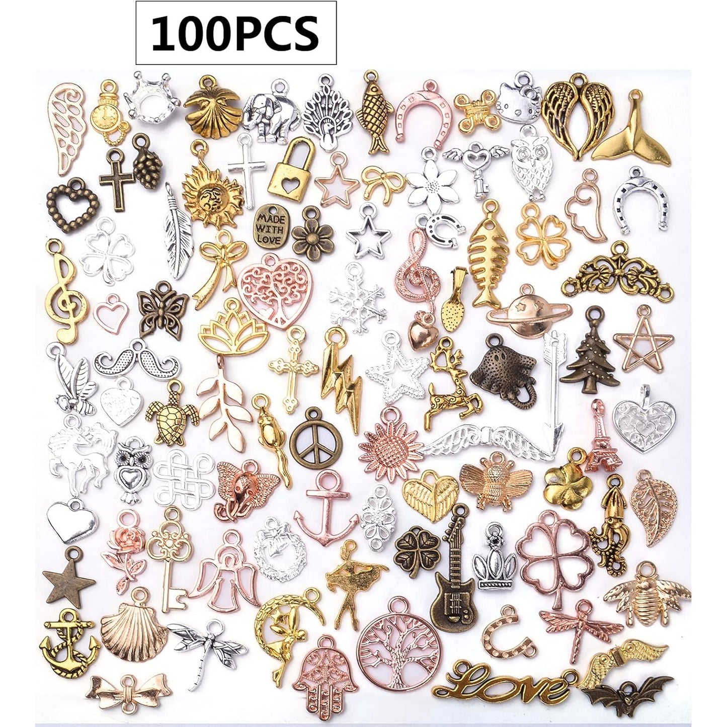 100pcs Craft Supplies Mixed Heart Star Animal Flower Branch Alloy Charms Pendants Bead Charm for Jewelry Making Bracelet Necklace, 7 Colors