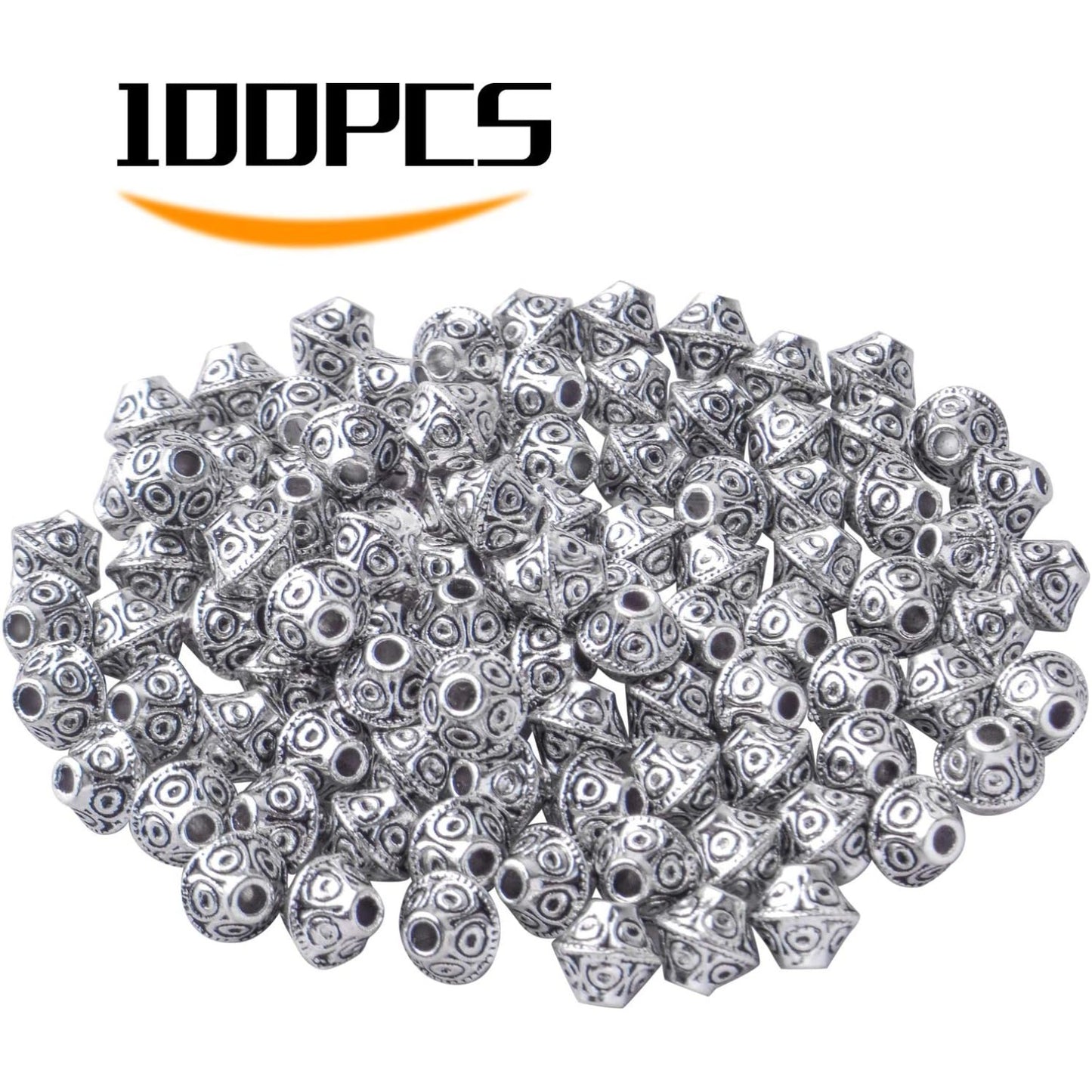 100pcs Antique Silver Flying Saucer Shape Spacer Bead Tibetan Alloy Bicone Beads Spacers Loose Spacers Jewelry Spacer Bead for DIY Jewelry Making Crafts Supplies