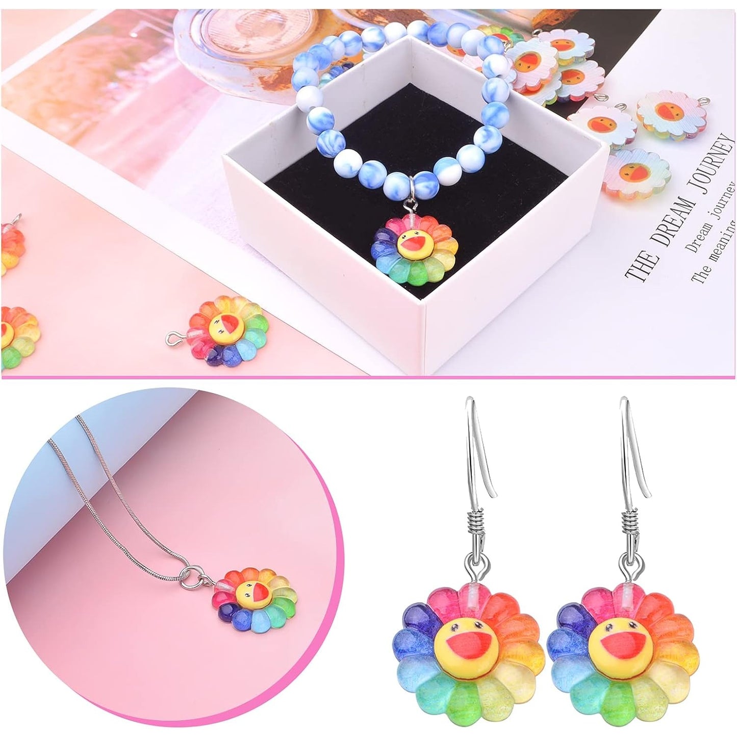 20pcs Smiley Face Sunflower Charms Pendants Resin Rainbow Flower Charms Jewelry Making Accessories for DIY Earrings Necklace Bracelet Keychains Craft Supplies, 28 mm x 22 mm