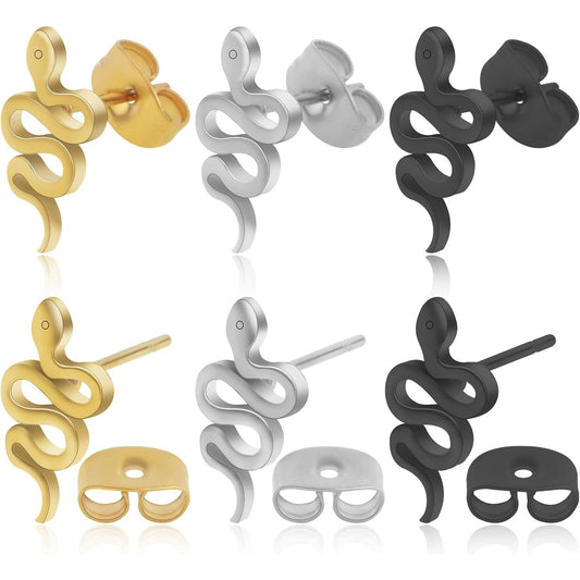 3 Pairs Stainless Steel Snake Shape Earring Studs Hypoallergenic Animal Snake Stud Dangle Earrings with Earring Backs for DIY Earrings Jewelry Making Supplies, 3 Colors