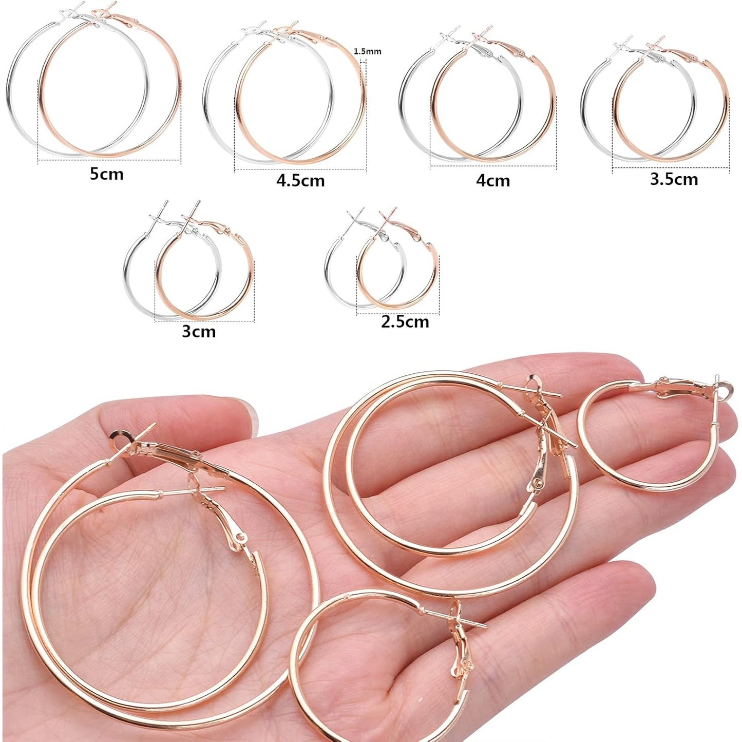 12 Pairs 6 Sizes Beading Earring Hoop Round Earrings Hypoallergenic Hoop Earrings Open Beading Hoop Earring Findings for DIY Crafts Gift Wedding Party Festival Favor(Gold, Silver)