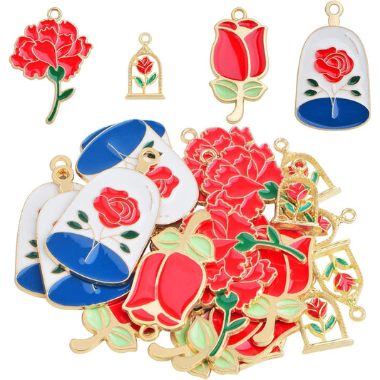 20pcs Enamel Rose Flower Charms Alloy Roseflower Shape Pendants Valentine's Day Rose Theme Charms Accessories for DIY Necklace Earrings Jewelry Making Women, 4 Styles