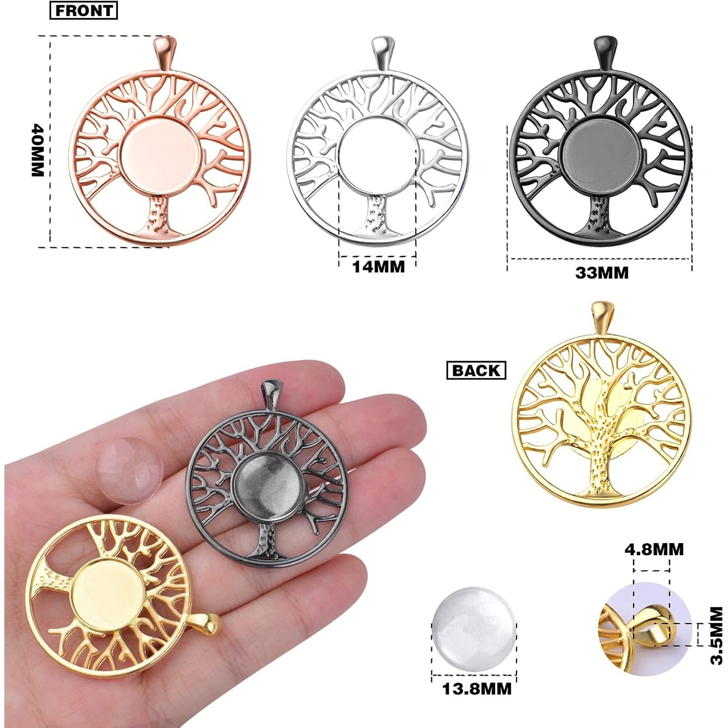 8 Sets 4 Colors Dream Catcher Pendant Trays Alloy Tree of Life Charms with Clear Dome Glass Cabochons for Photo Cameo Bracelet Necklace Jewelry Making Accessories