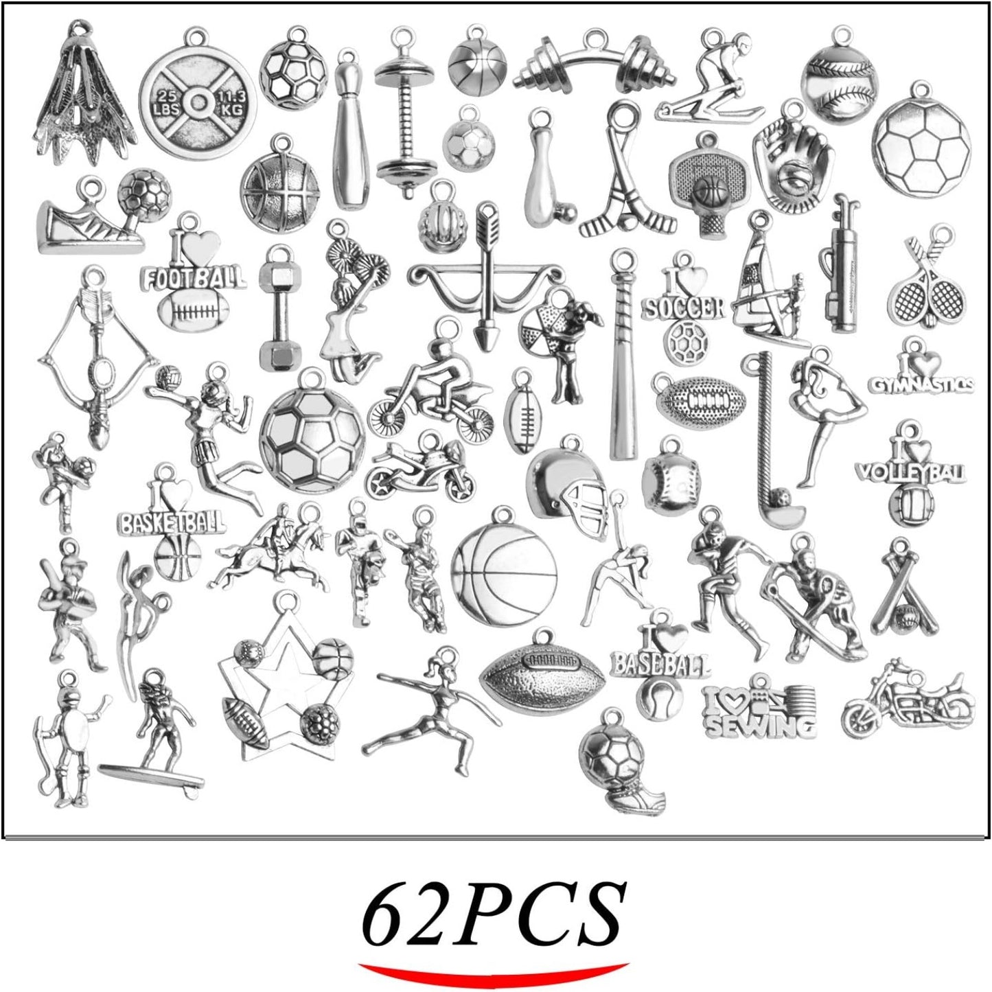 Sport Charms,62pcs Alloy Sport Theme Charms Ball Game Sports Charms Pendants for DIY Necklace Earrings Bracelets Keychain Jewelry Making