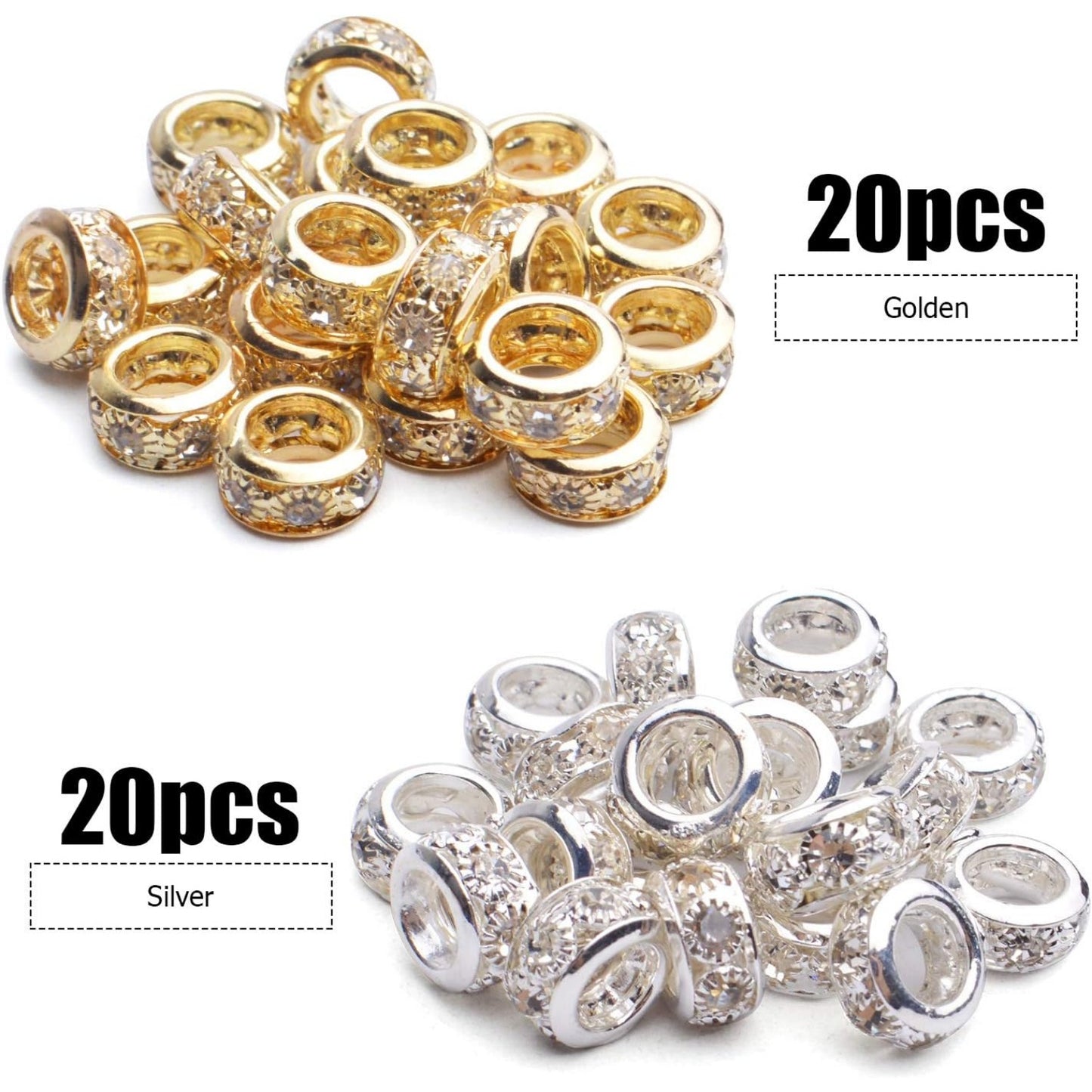 Large Hole Rhinestone Beads,40pcs 10mm Spacer Beads Crystal Pave Brass Beads Rondelle Beads Fit European Bracelet Snake Chain Jewelry DIY