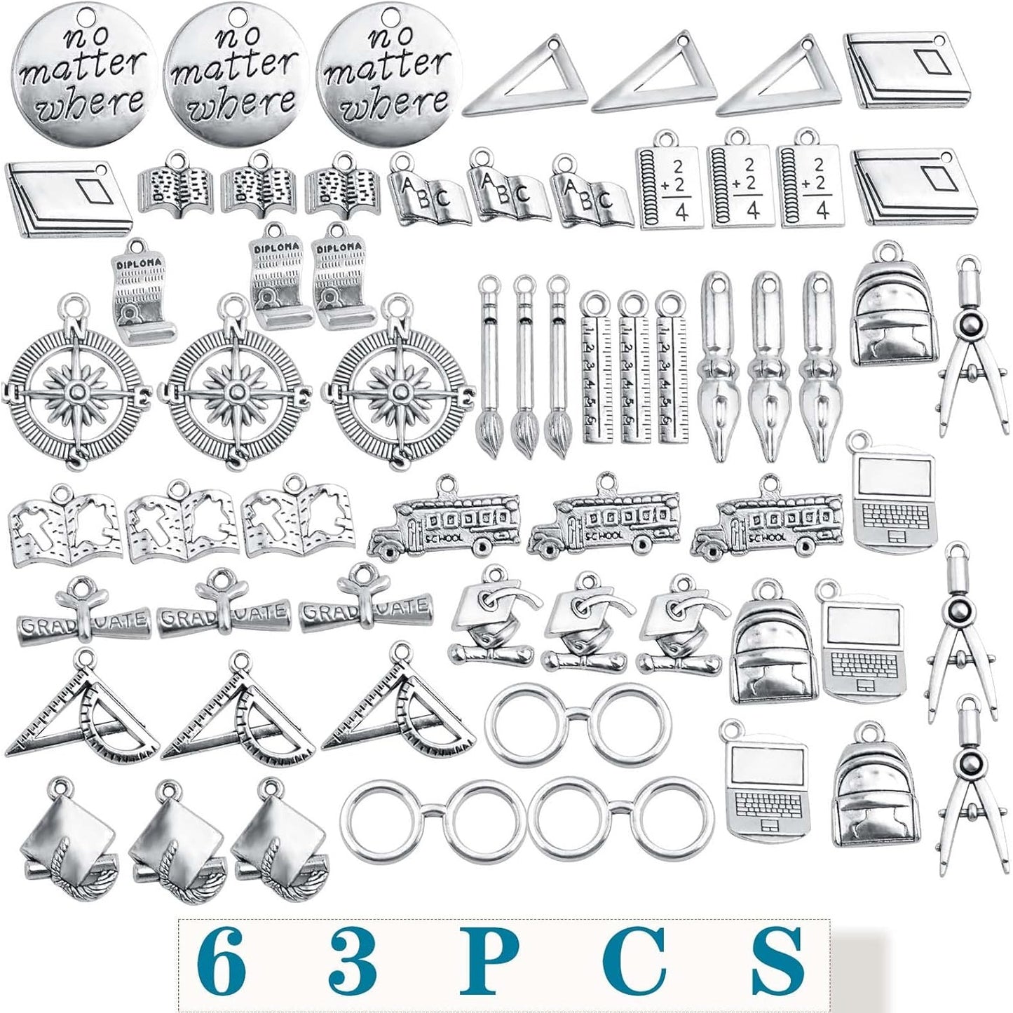 63pcs Antique Silver School Teacher Graduation Charms for DIY Jewelry Making