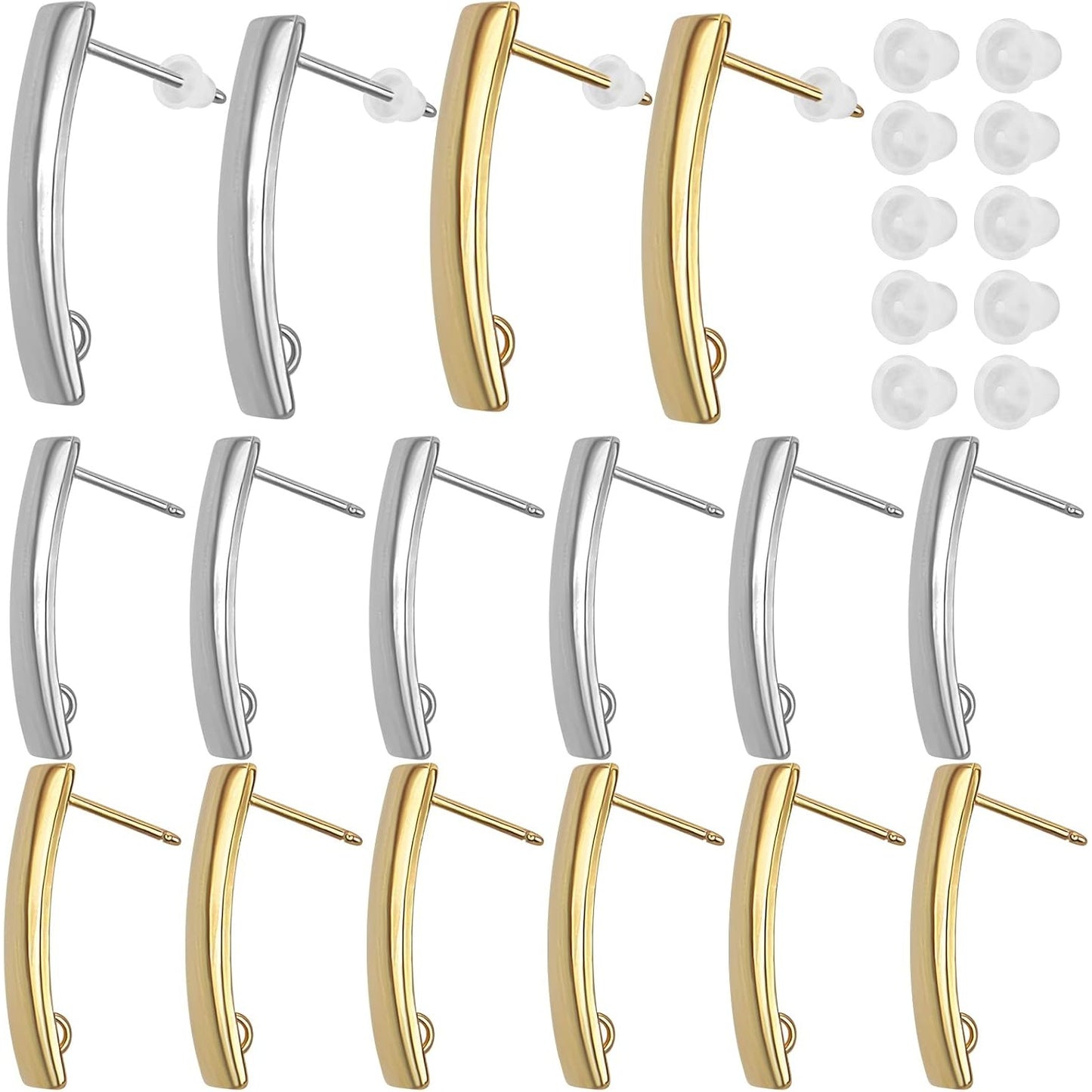 20pcs 2 Colors Stainless Steel Earring Posts with Loop Hypoallergenic Rectangle Stud Earrings Findings and 20pcs Clear Bullet Earring Backs for DIY Jewelry Making