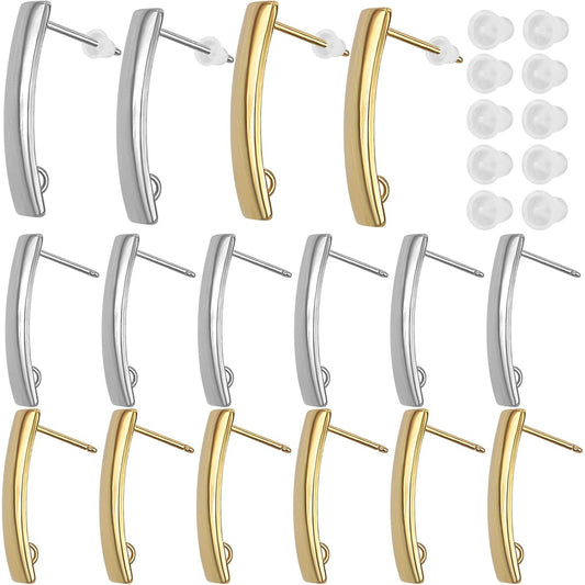 20pcs 2 Colors Stainless Steel Earring Posts with Loop Hypoallergenic Rectangle Stud Earrings Findings and 20pcs Clear Bullet Earring Backs for DIY Jewelry Making