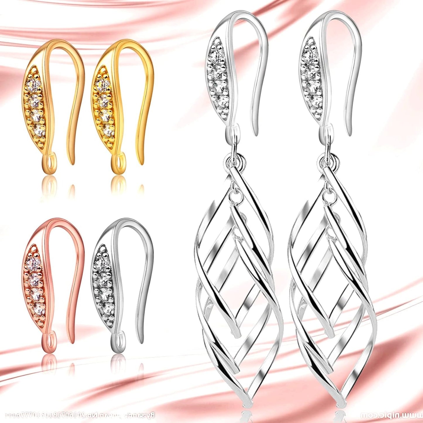 10pcs Cubic Zirconia Earring Hooks Hypoallergenic Brass Ear Wire Fish Hooks with Dangle Loop Rhinestone Earring Connectors for DIY Earrings Jewelry Making, 5 Colors