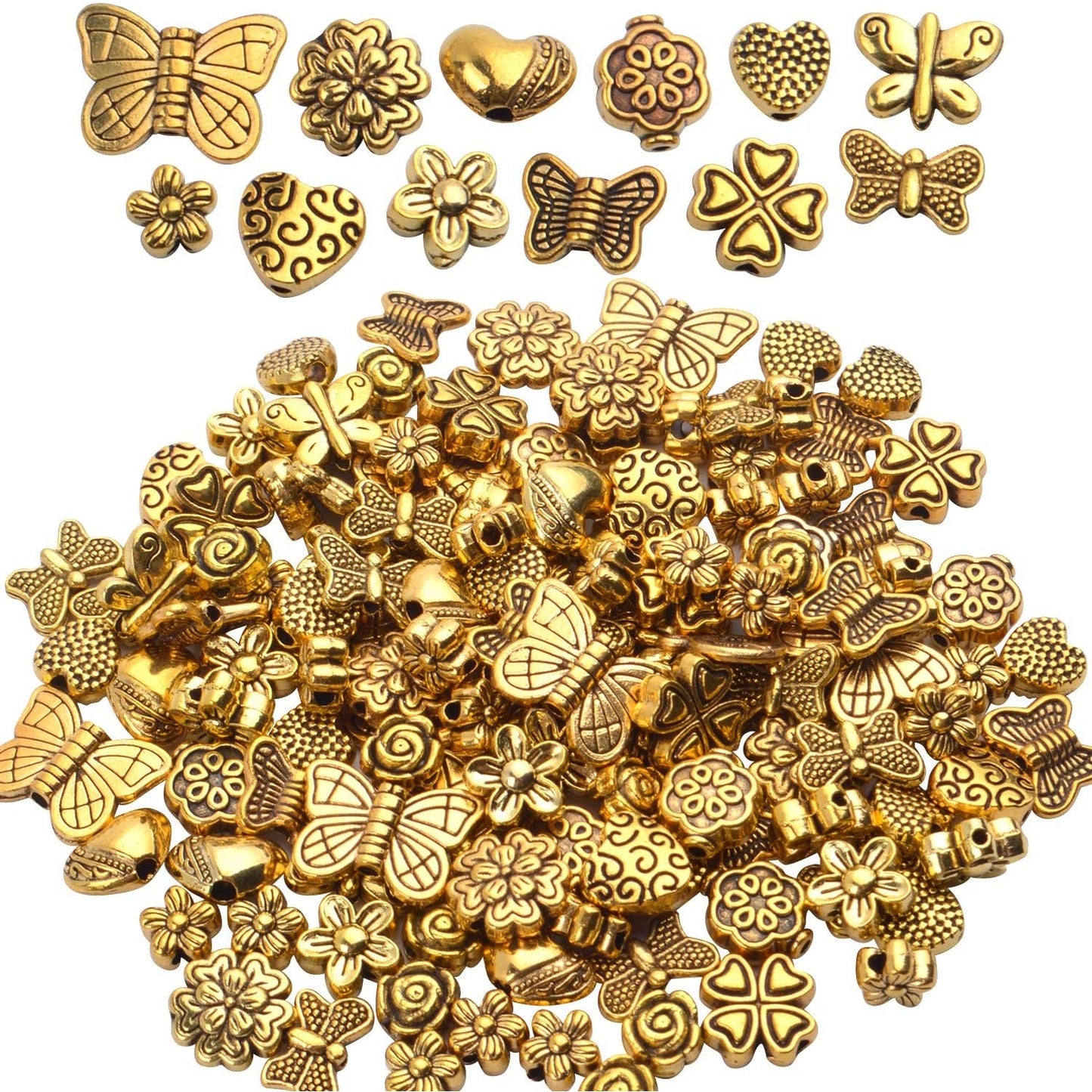 100 Gram(About 130-170pcs) Antique Gold Alloy Heart Butterfly Flower Beads Charm Bead Spacers Jewelry Findings Accessories for Bracelet Necklace Jewelry Making