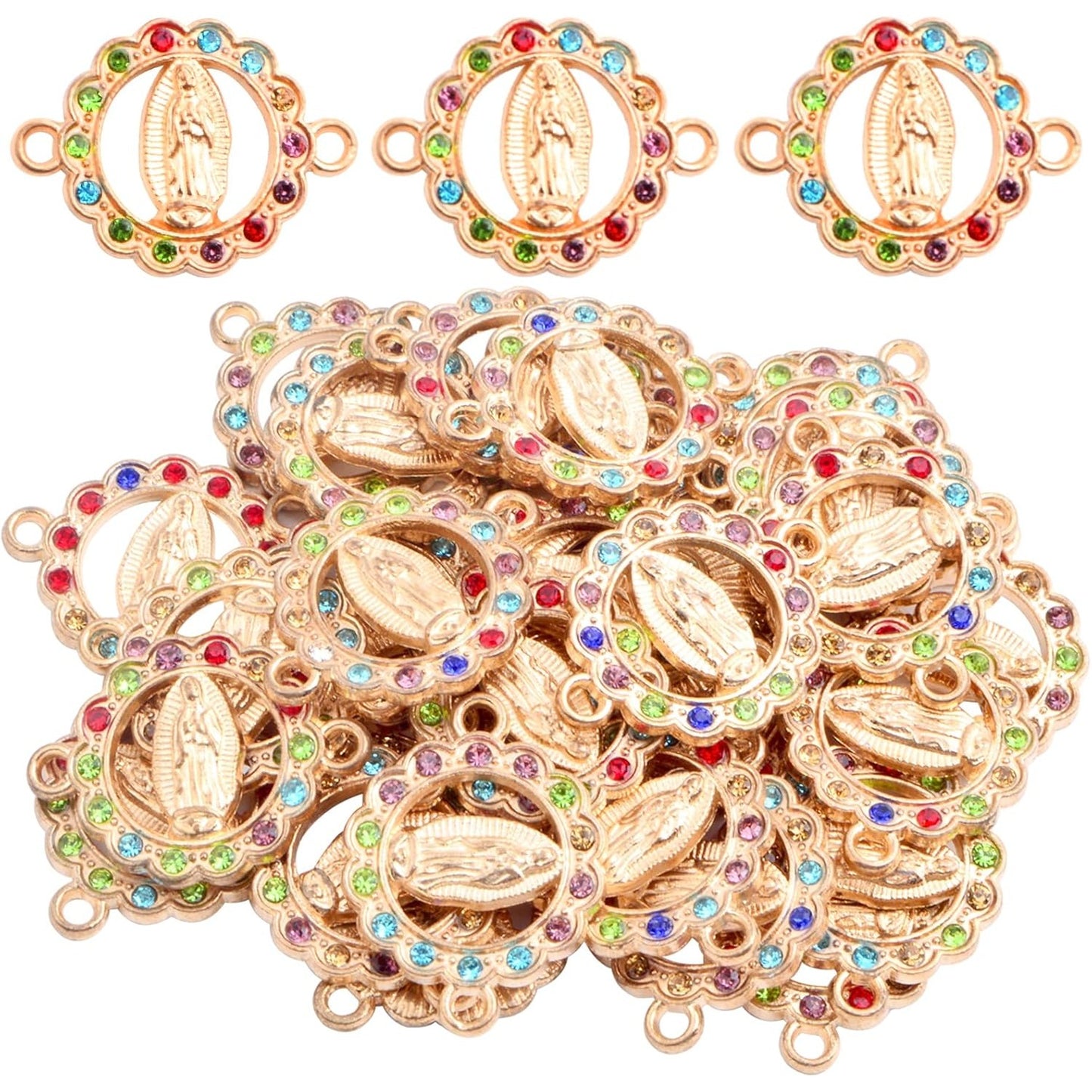 30pcs Alloy Enamel Colorful Rhinestones Virgin Mary Link Miraculous Medal Charms Our Lady Rosary Center Crucifix Bracelet Connector Pendants for DIY Jewelry Making Supplies