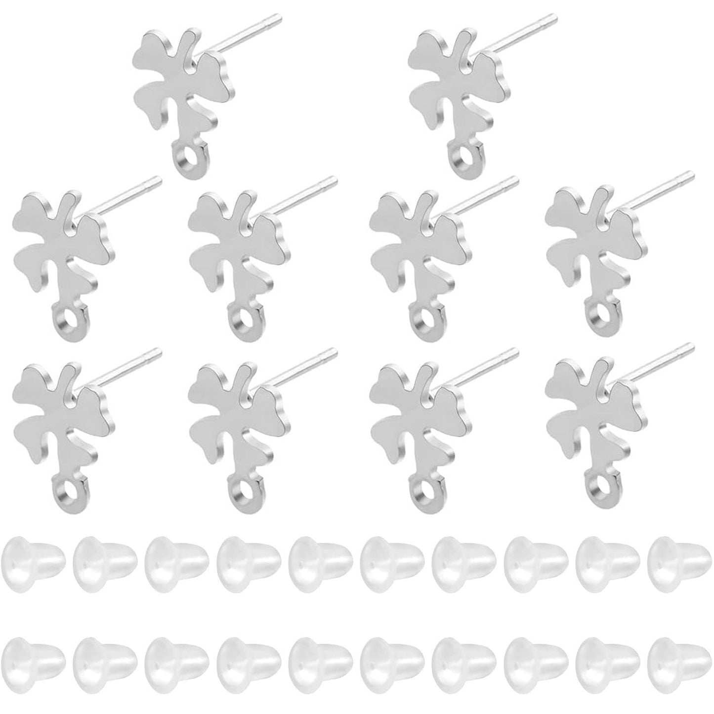 20pcs Stainless Steel Earring Posts with Loop Four Leaf Clover Stud Earrings and 20pcs Silicone Clear Earring Backs for Women DIY Jewelry Making Supplies Gifts, 2 Colors