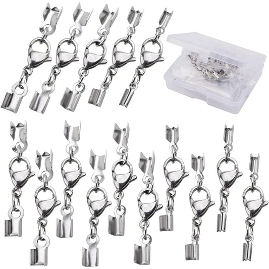 20pcs Lobster Claw Clasps with Cord Ends Stainless Steel Leather Fold Over Necklace Cord End Caps Connector with a Plastic Box for DIY Bracelets Chokers Jewelry Making, 5 Sizes