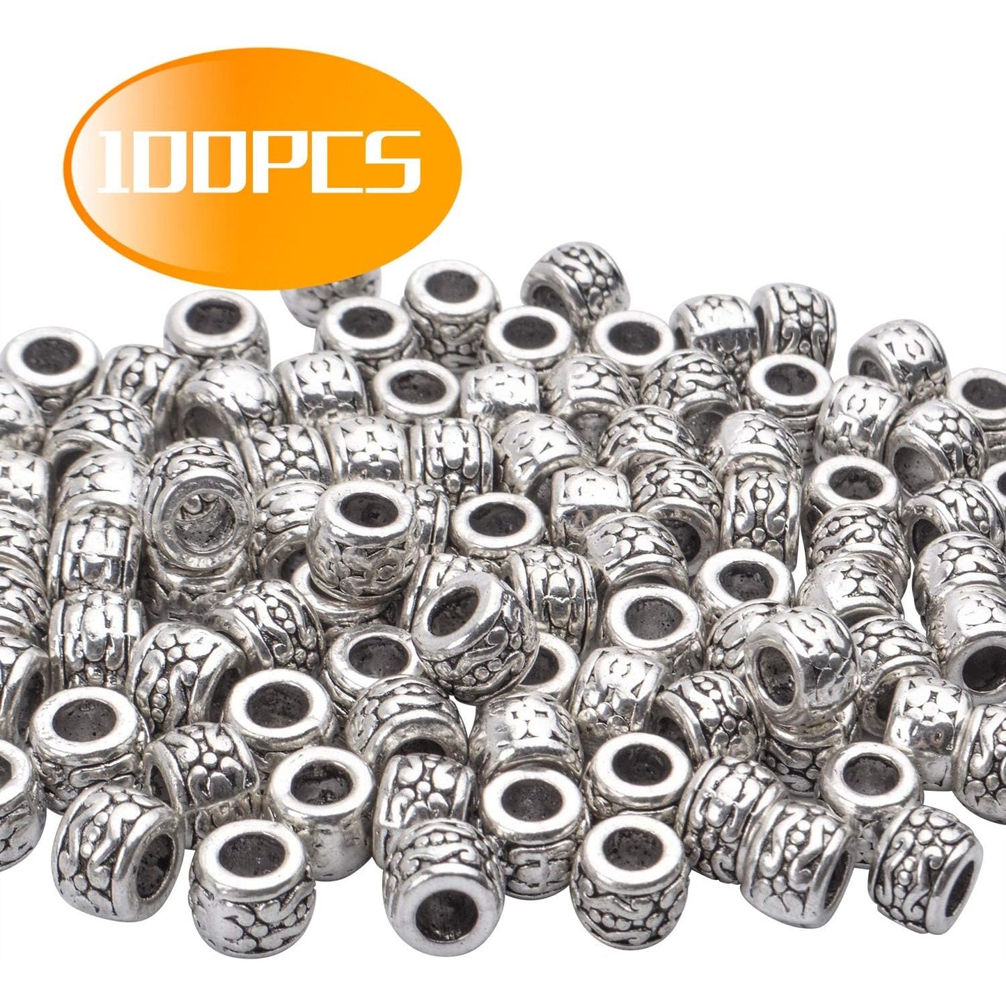 BronaGrand 100pcs Tibetan Antique Silver Spacer Beads - Large Hole, Hollow Tube Charms for DIY Necklace & Bracelets