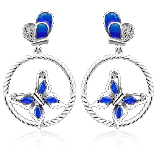 1 Pair Butterfly Drop Earrings 925 Sterling Silver Round Butterfly Cubic Zirconia Dangle Earring Studs Jewelry Mother's Day Gift for Women Girls Lovers Sensitive Ears