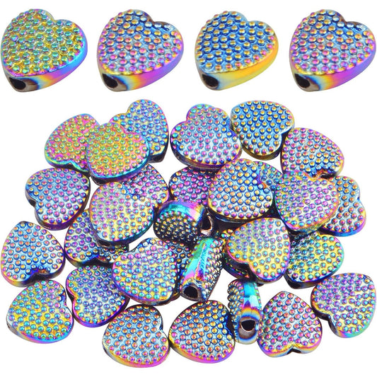 30pcs Alloy Heart Shape Spacer Beads Small Shiny Heart Love Loose Beads Handmade Accessories for DIY Bracelet Necklace Earrings Jewelry Making Valentine's Day, Rainbow Color