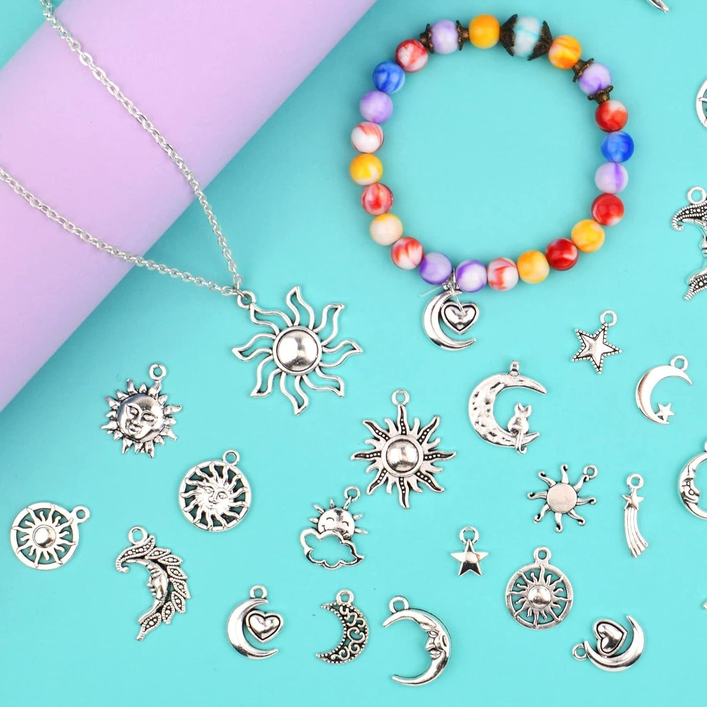 80pcs Antique Silver Sun Moon Stars Charms Alloy Vintage Celestial Dangle Pendants Jewelry Charm Accessory for DIY Necklace Bracelet Craft Supplies, 20 Styles