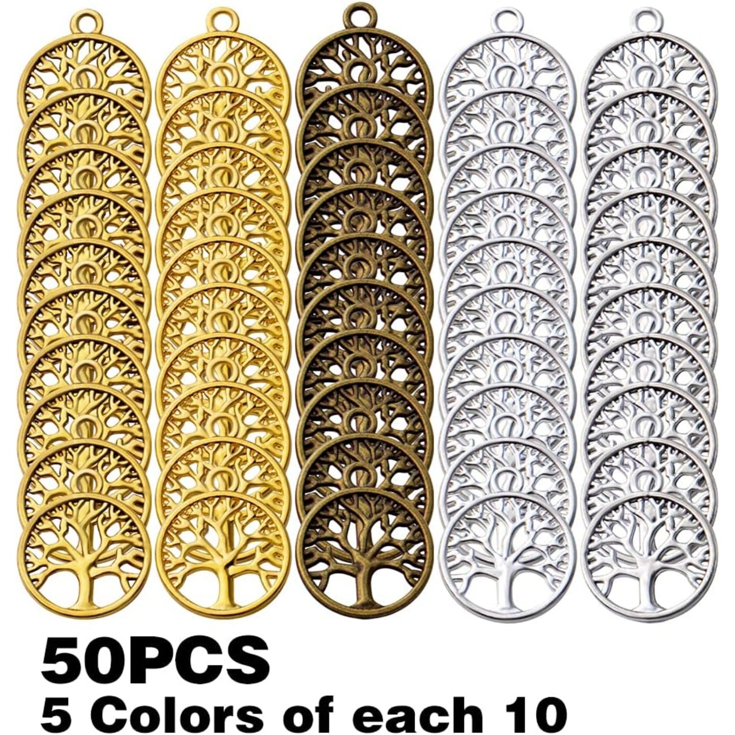 50pcs Tree of Life Charms Pendants Alloy Tree Bead Charm Craft Supplies for Bracelet Necklace Jewelry Making Findings Accessory,5 Colors