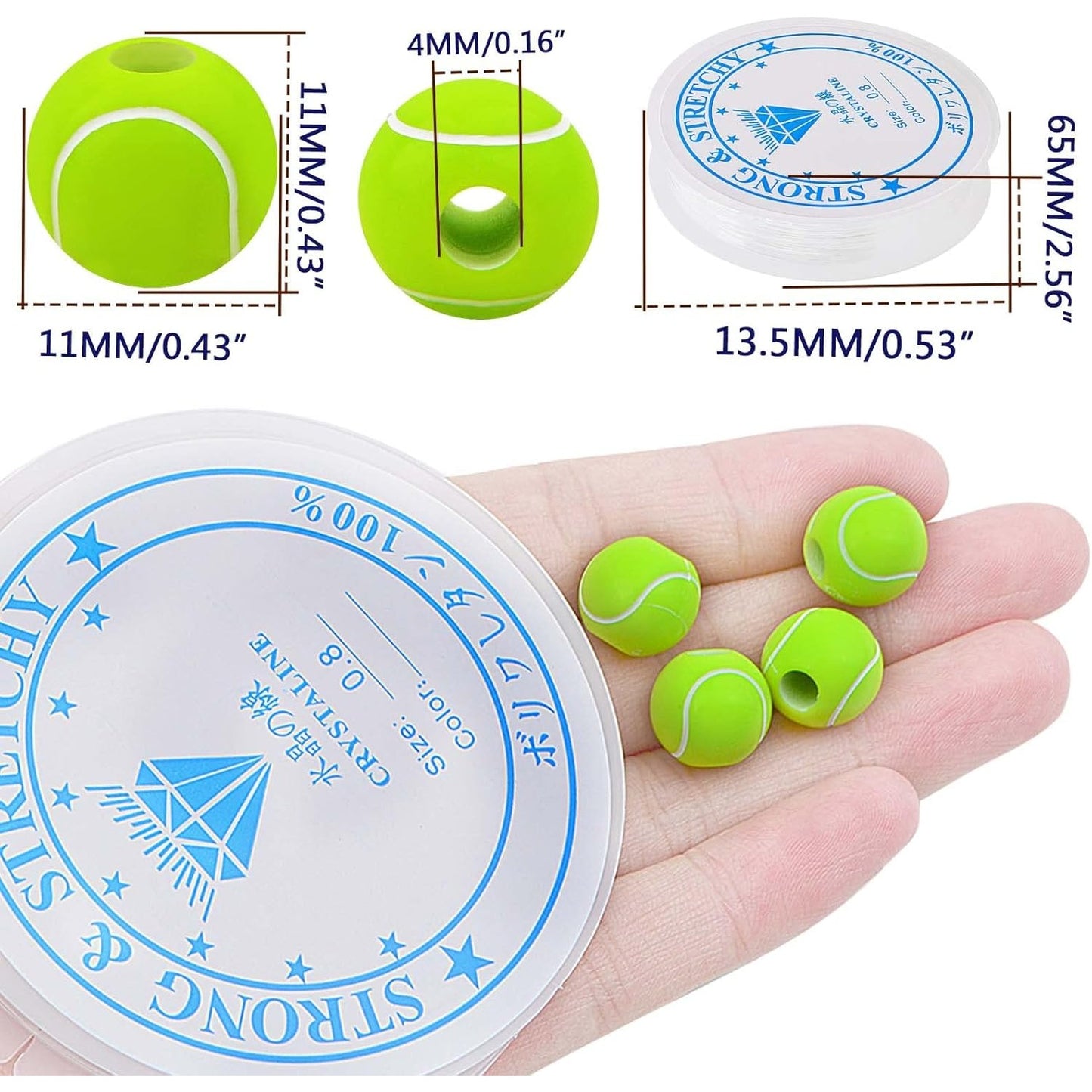 120pcs Tennis Spacer Beads Acrylic Tennis Sport Pony Beads with A Roll Crystal Wire Jewelry Findings Accessories for DIY Necklace Bracelet Keychain Crafts Decoration