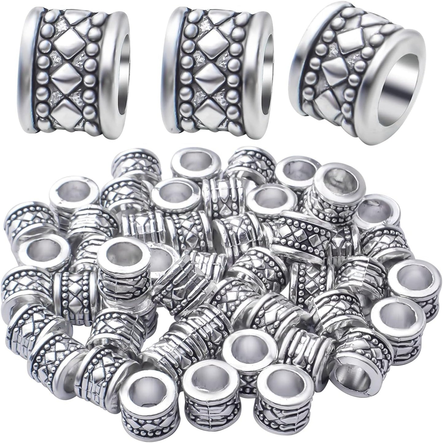 50pcs Antique Silver Large Hole Spacer Beads Tibetan Alloy Column Spacers Tube Bead Spacers Rondelle Loose Beads Charm Beads for Jewelry DIY Bracelet Crafts Making,Hole: 5.7mm