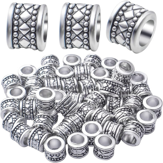 50pcs Antique Silver Large Hole Spacer Beads Tibetan Alloy Column Spacers Tube Bead Spacers Rondelle Loose Beads Charm Beads for Jewelry DIY Bracelet Crafts Making,Hole: 5.7mm