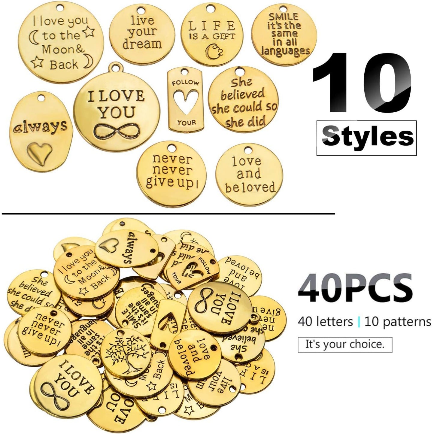 40pcs Inspiration Words Charms Craft Supplies Beads Charms Pendants for Crafting, Jewelry Findings Making Accessory For DIY Necklace Bracelet,Antique Gold