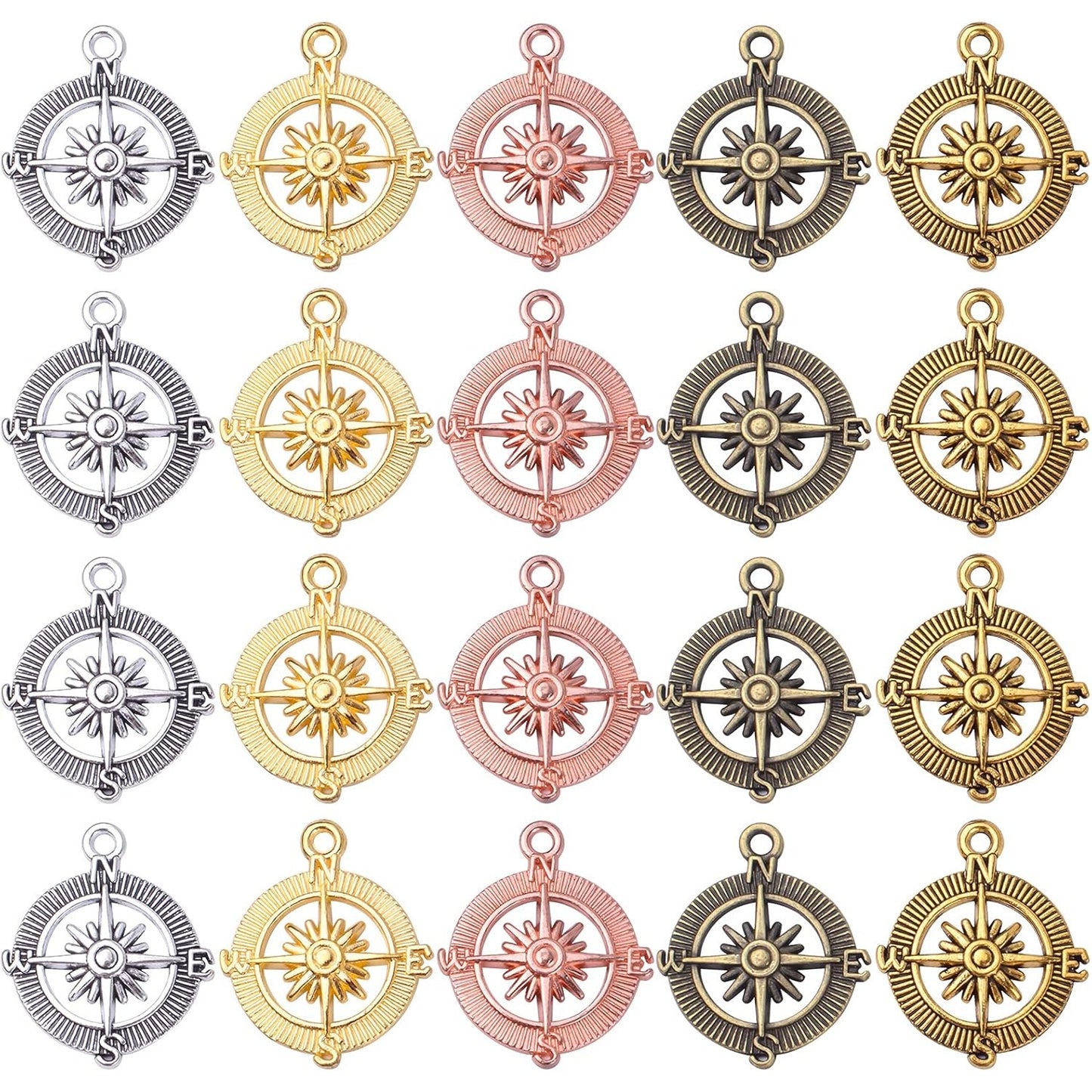 Compass Pendant Charms, 30pcs Alloy Tibetan Style Compass Shape Charms Nautical Beads Pendants Craft Supplies Accessories for Bracelet Necklace Jewelry Making, 5 Colors