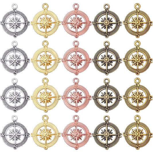 Compass Pendant Charms, 30pcs Alloy Tibetan Style Compass Shape Charms Nautical Beads Pendants Craft Supplies Accessories for Bracelet Necklace Jewelry Making, 5 Colors