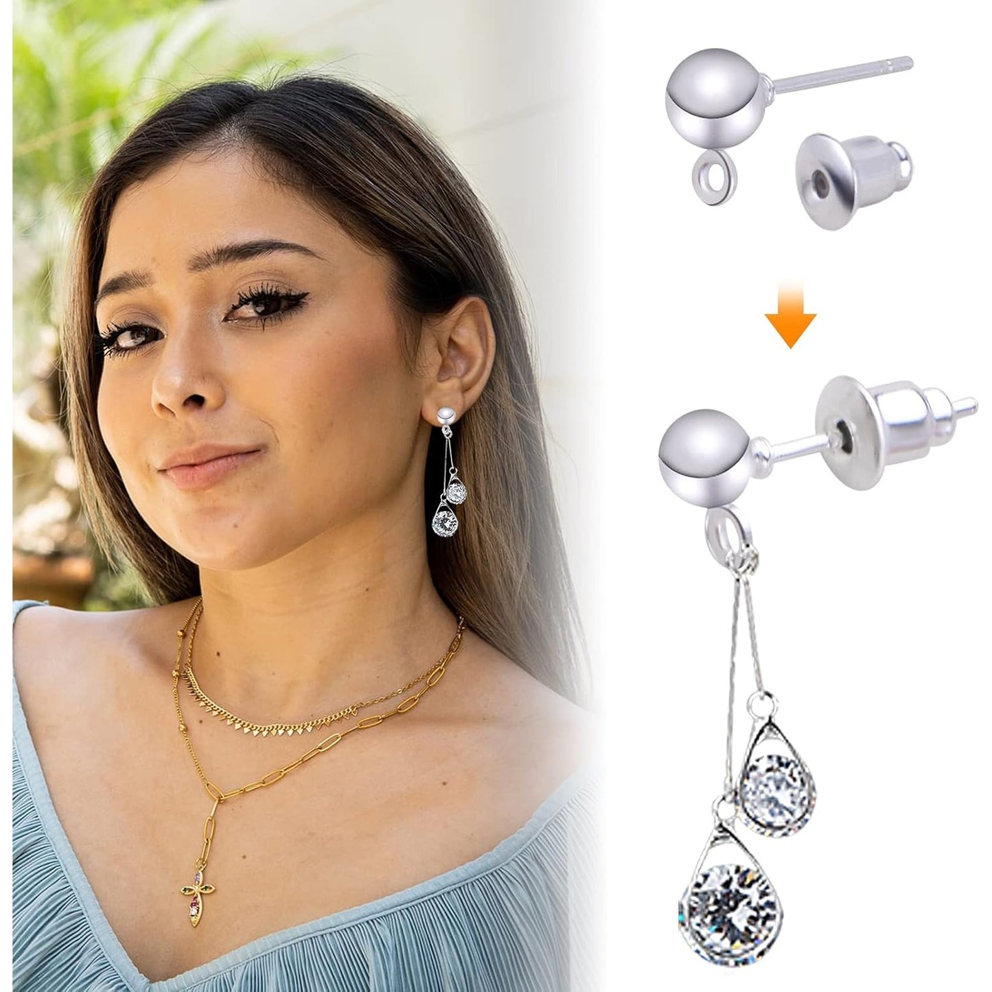 Earring Making Kit,150pcs Ball Post Earring Studs with 150pcs Metal Earring Backs,200pcs Clear Bullet Earring Backs and 200pcs Open Jump Rings,Round Ball Ear Pin with Loop for DIY Earrings Supplies