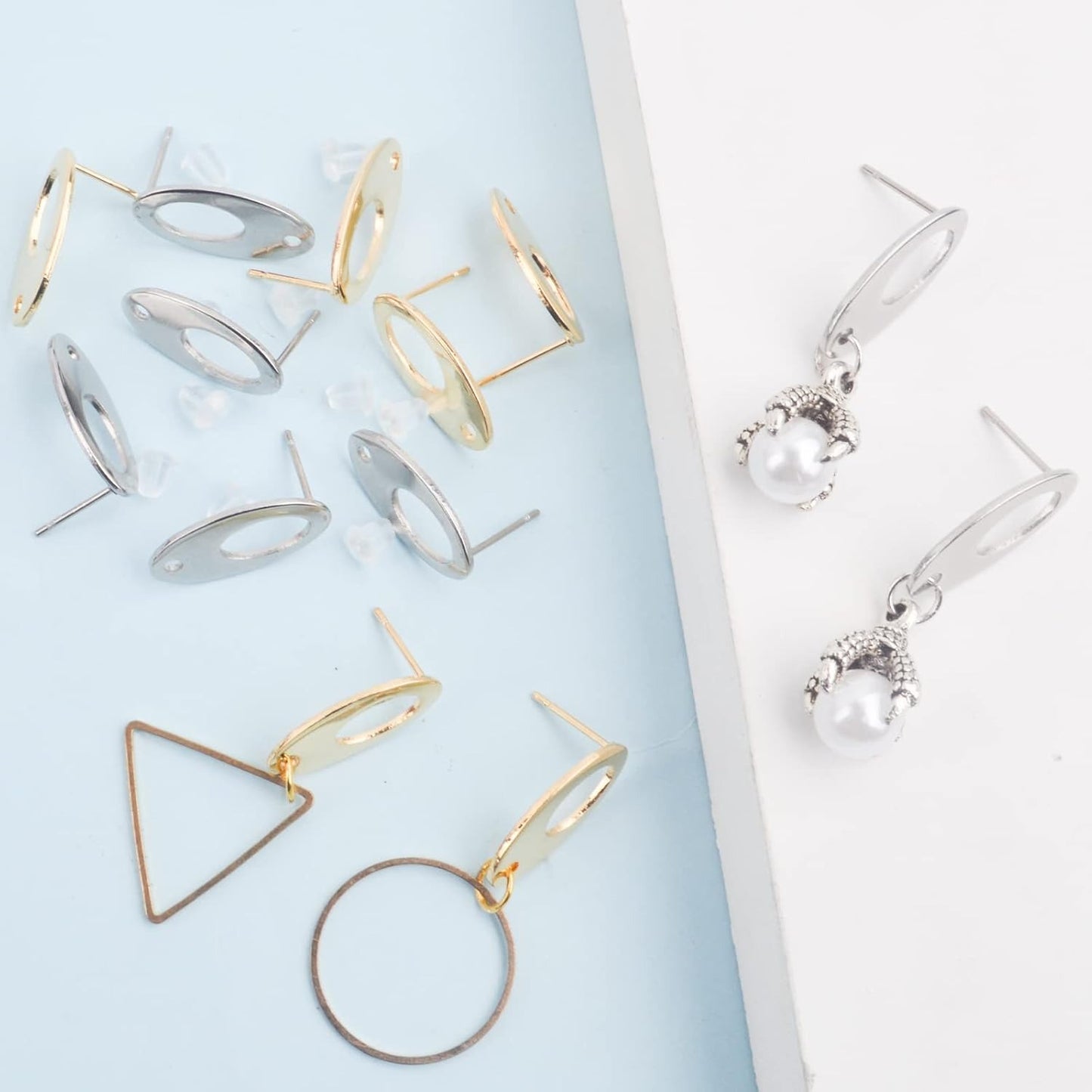 20pcs Oval Earring Posts with Hole Stainless Steel Stud Earrings Ear Pins Components Findings and 20pcs Clear Earring Backs for DIY Jewelry Making Birthday Party Gifts