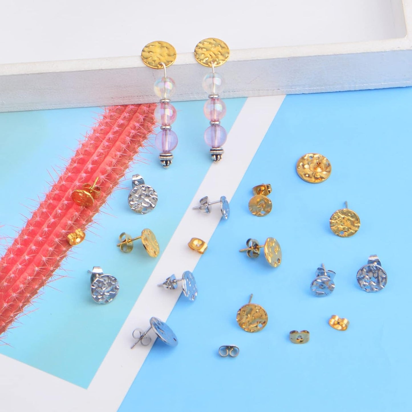 24pcs 3 Sizes Textured Blank Flat Round Stud Earring Findings Stainless Steel Earring Posts with Loop and 24pcs Butterfly Earring Backs for DIY Jewelry Making, 2 Colors