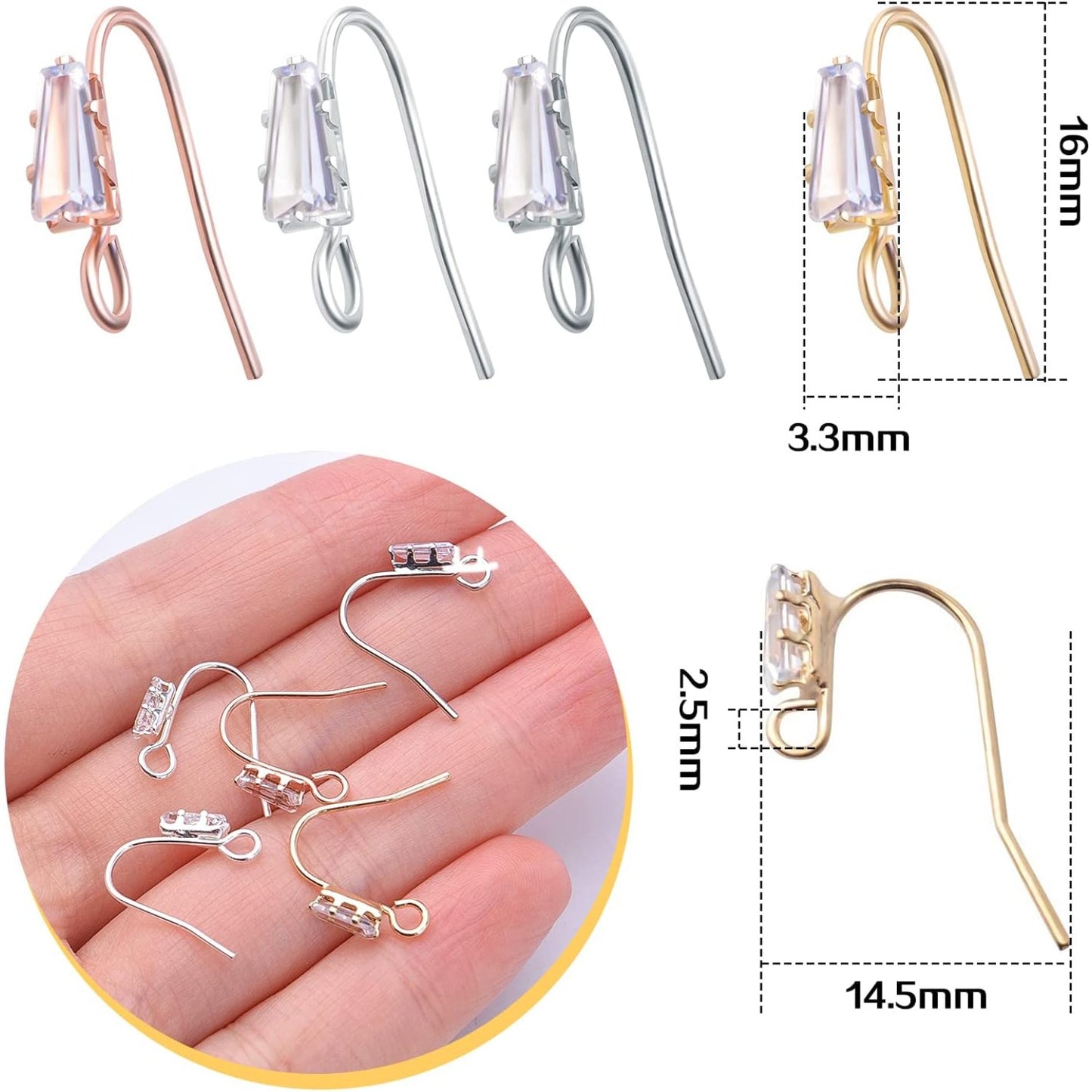 16pcs Crystal Rhinestone Earring Hooks Hypoallergenic Brass Ear Wire Hooks Cubic Zirconia French Fish Hook Earrings with Loop Hole for DIY Dangle Earrings Jewelry Making, 4 Colors